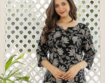 Black Block Print Kurti - Floral Ethnic Cotton Tunic Top