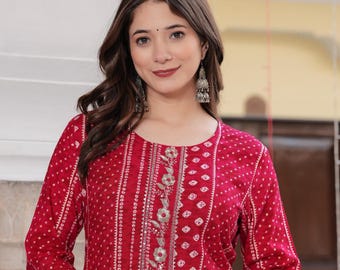 Kurta de algodón Bandhani para mujer / Túnica recta étnica india