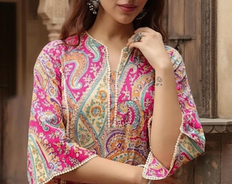 Pink Paisley Print Cotton Kurta for Women– Casual Indian Tunic