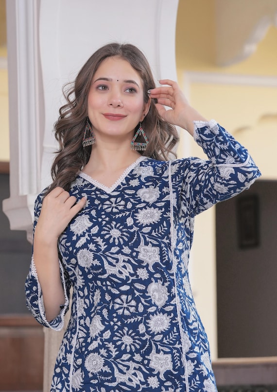Handblock Floral Kurti – Navy Blue Cotton Indian Tunic