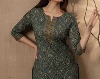Donkergroene katoenen Kurti-tuniek met driekwartmouwen en Indiase etnische top voor dagelijks gebruik