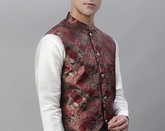 Men's Woven Silk Cotton Nehru Jacket: Maroon Mandarin Collar Waistcoat Vest