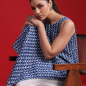 SALE Long KURTA TOP – Style 3 - Indigo with Off Blue motif – 100% cotton/Block Printed/Pin-tuck Detail/Multi Size/Knee Length/Tunic