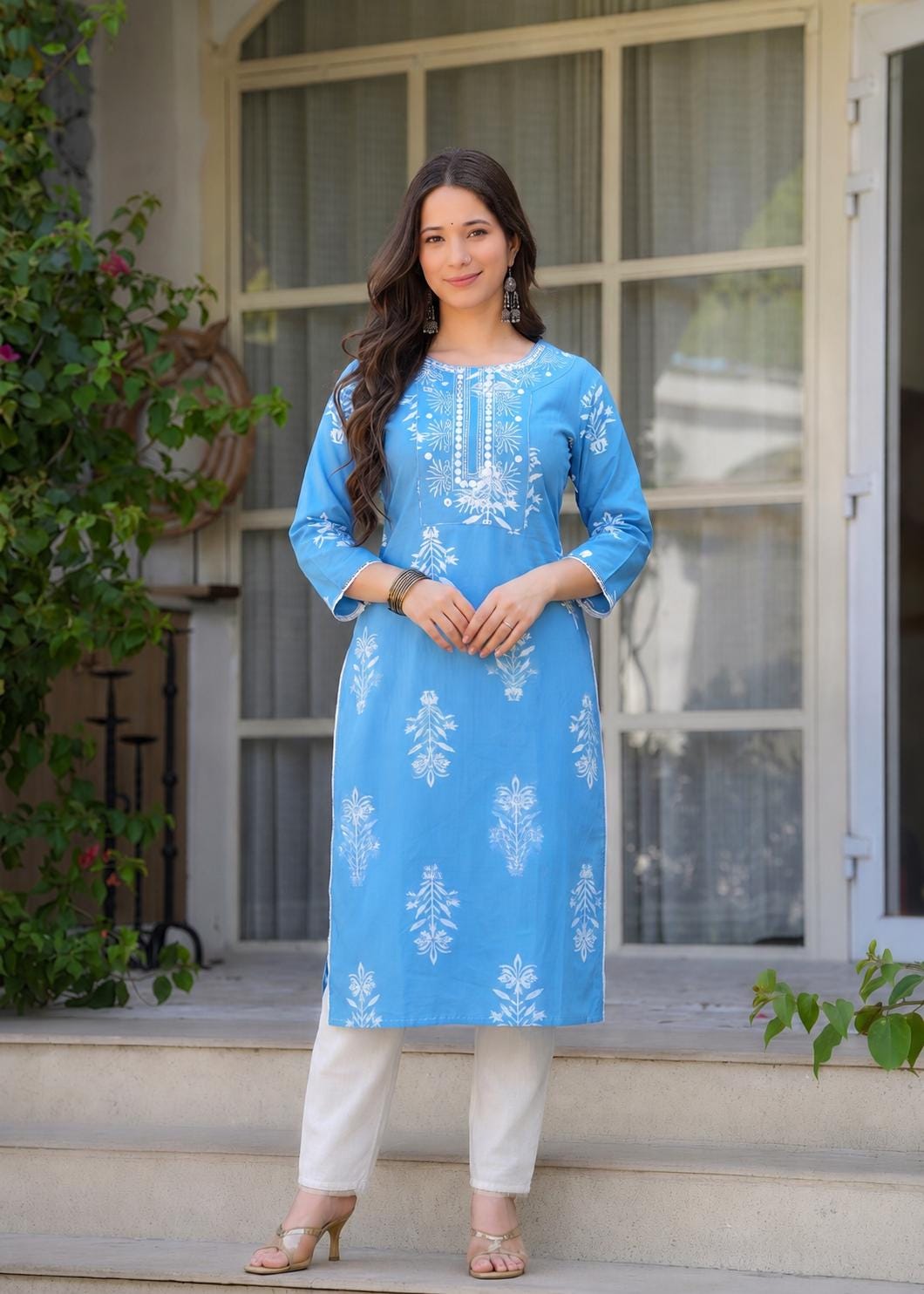 Sky Blue Cotton Kurti - Embroidered White Floral Ethnic Tunic