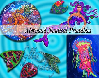 Mermaid +Nautical Art Journal Images. 1 Collage Sheet as Digital Download. Clipart of 7 Colorful Artworks, Collage Papers for Art Journaling