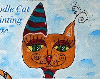 Learn to Paint Boho Style Cat. Video Tutorial with Watercolors. One hour step-by-step Online Video class. Paint This Fun Whimsical Cat Motif