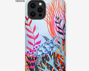 Funda resistente para iPhone con diseño de tortuga marina · Funda resistente para iPhone · Ilustración dibujada a mano · Funda protectora de diseño duradera · Diseño oceánico