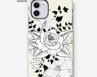 Funda resistente para iPhone con diseño de rosa y hiedra · Funda resistente para iPhone · Ilustración dibujada a mano · Funda protectora duradera de diseño · Diseño botánico