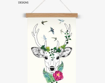 Impresión artística de ciervos y pájaros con colgador