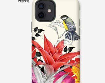 Funda resistente para iPhone con diseño de pájaros florales · Funda resistente para iPhone · Ilustración dibujada a mano, funda protectora duradera de diseño · Diseño de arte de pájaros