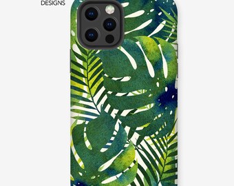 Funda resistente para iPhone con follaje tropical · Funda resistente para iPhone · Ilustración dibujada a mano · Funda protectora de diseño duradera · Diseño botánico
