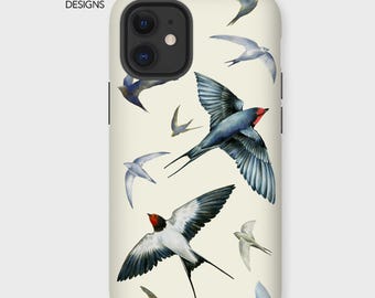 Funda resistente para iPhone con diseño de vencejos y golondrinas · Funda resistente para iPhone · Ilustración dibujada a mano, funda protectora duradera de diseño · Diseño de arte de aves