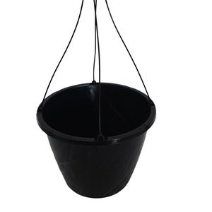 May include: A black hanging planter with a curved hook and three supporting wires. The planter has a conical shape and is designed for displaying plants. The planter is made of plastic and is suitable for outdoor use.