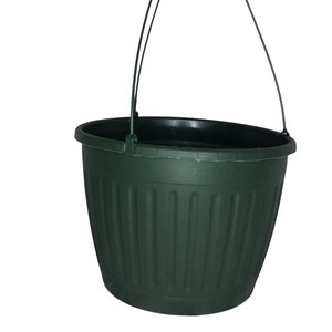 May include: A dark green plastic hanging planter with a black metal hook. The planter has a ribbed design.