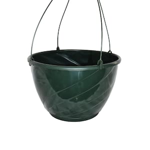 May include: A dark green plastic hanging planter with a black plastic hook and three cords.