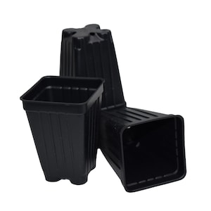 May include: Three black plastic plant pots of different sizes. The pots have a square shape with a ribbed texture.