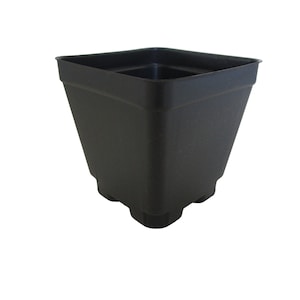 May include: A black square plastic plant pot with a square base.