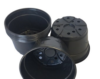8" Round Black Plastic Mum Pots (8" diameter x 5" deep) - Nursery Pots - Shallow Pot - Lightweight Pot - Thermoformed
