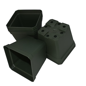 May include: A stack of four dark green square plastic plant pots with drainage holes in the bottom.
