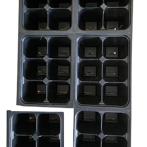 May include: Black plastic seed starting trays with multiple compartments for planting seeds. The trays are arranged in a staggered formation.