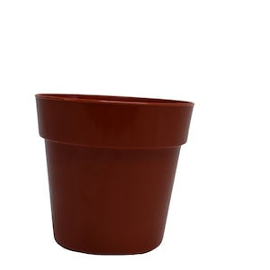 May include: A terracotta colored plastic plant pot with a rounded lip.