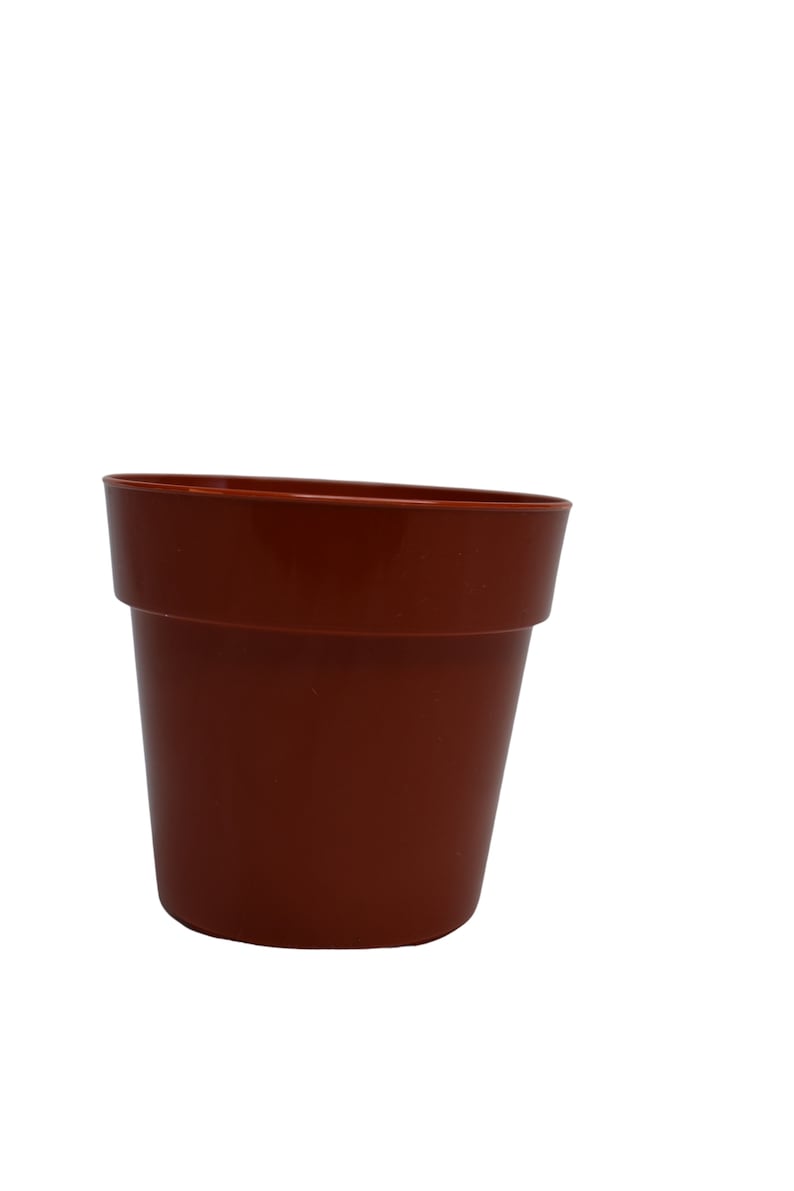 May include: A terracotta colored plastic plant pot with a rounded lip.