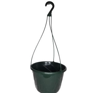May include: A dark green plastic hanging planter with a black plastic hook. The planter has a ribbed texture and is designed for indoor or outdoor use.