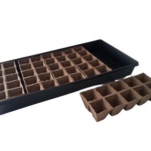 May include: A black plastic tray with 36 biodegradable seed starting pots. The pots are brown and have a square shape. A smaller tray of 12 pots is also shown.