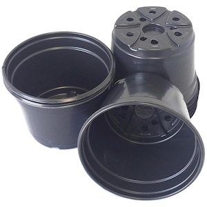 May include: Three black plastic plant pots with drainage holes in the bottom. The pots are stacked on top of each other.