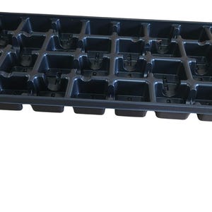 May include: Black plastic tray with 24 individual compartments. The tray is designed for planting seeds or seedlings.