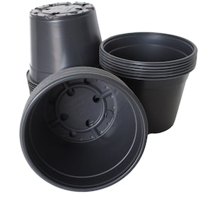 May include: A set of six black plastic plant pots. The pots are stacked on top of each other. The pots have drainage holes in the bottom.