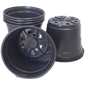 May include: A set of four black plastic plant pots with drainage holes. The pots are stacked on top of each other.