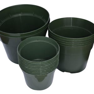 May include: A set of three dark green plastic plant pots. The largest pot is 10 inches in diameter and the smallest pot is 6 inches in diameter.