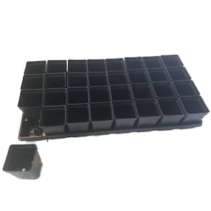 May include: A black plastic seed starting tray with 36 individual square cells. The tray is designed for starting seeds indoors before transplanting them outdoors.