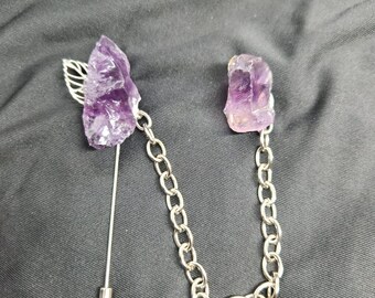 Amethyst Silver Shirt Jacket Collar Chain Brooch Set.