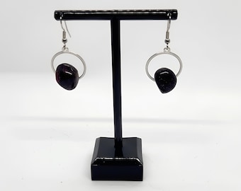 Dainty Garnet Earrings, Silver Circle Drop