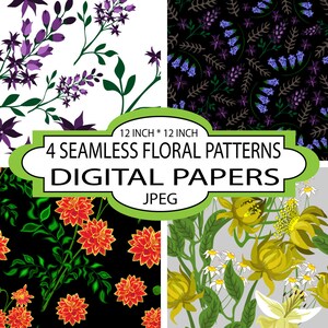 May include: Four digital paper designs featuring seamless floral patterns. Each pattern is 12 inches by 12 inches and includes a variety of flowers in different colours, including purple, blue, red, yellow, and white. The patterns are perfect for crafting, scrapbooking, and other creative projects.
