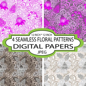 Art, Decor, Vintage Ornament on White and Grey Background. Digital Paper, Digital Download, Seamless Floral Pattern, Damask Style.