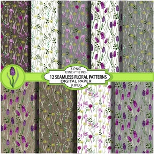May include: Twelve seamless floral patterns in a digital paper pack. The patterns feature purple, pink, and green flowers on a white, grey, or brown background. 3 PNG files and 9 JPEG files included. 12 inch by 12 inch.