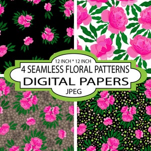 Florales Digitales Papier, nahtloses Blumenmuster, rosa Pfingstrosen, schwarz, weiß und grauer Hintergrund. Eleganz und Retro.