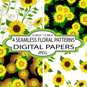 Sunflowers on White and Black Background. Digital Paper, Art Decor, Card Making, Repeatable Design, Seamless Floral Pattern, Yellow flowers.