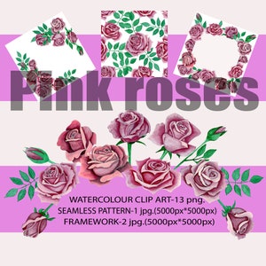 May include: A digital illustration set featuring pink watercolor roses. The set includes a single bouquet of roses, a seamless pattern of roses, and a frame of roses.