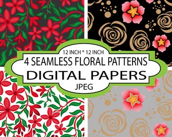 Pink Flowers, Digital Paper, Seamless Floral Pattern, Digital Downloads, Simple and Elegant. Easy Repeating Pattern. Retro Style.