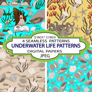 Underwater Life Patterns, Digital Paper, Colourful Seamless Pattern, Seashells, Pearls, Clown fish, Jellyfish, Starfish, Seahorse, Octopus.