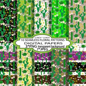 May include: Ten digital paper designs featuring seamless patterns of cactus and flowers in various colours, including green, yellow, white, brown, black, and purple. The papers are 12 inches by 12 inches and are available in PNG and JPEG formats.