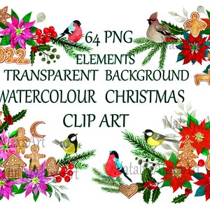 Clipart aquarelle de Noël et du Nouvel An, objets isolés dessinés à la main, poinsettia, houx, biscuits au pain d’épice, oiseaux d’hiver, célébration.