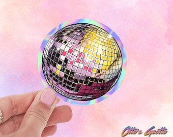Holographic Disco Ball Sticker: Pink & Yellow 80s Style
