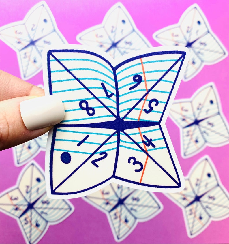 Peut inclure: Un autocollant blanc en forme de papillon, avec des lignes bleues et les chiffres de 1 &agrave; 9. L'autocollant est tenu sur un fond violet avec d'autres autocollants similaires.