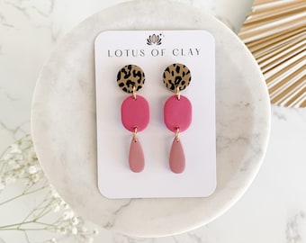 Hot pink geometric clay earrings, leopard print dangle earrings for women, handmade modern earrings, unique pink earring, clay jewelry