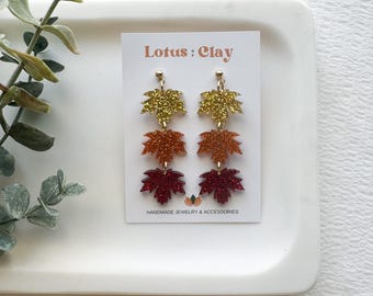 Maple leaf trio earrings, fall acrylic earrings, glittery autumn leaf earrings, fall lovers gifts, Halloween clay earrings